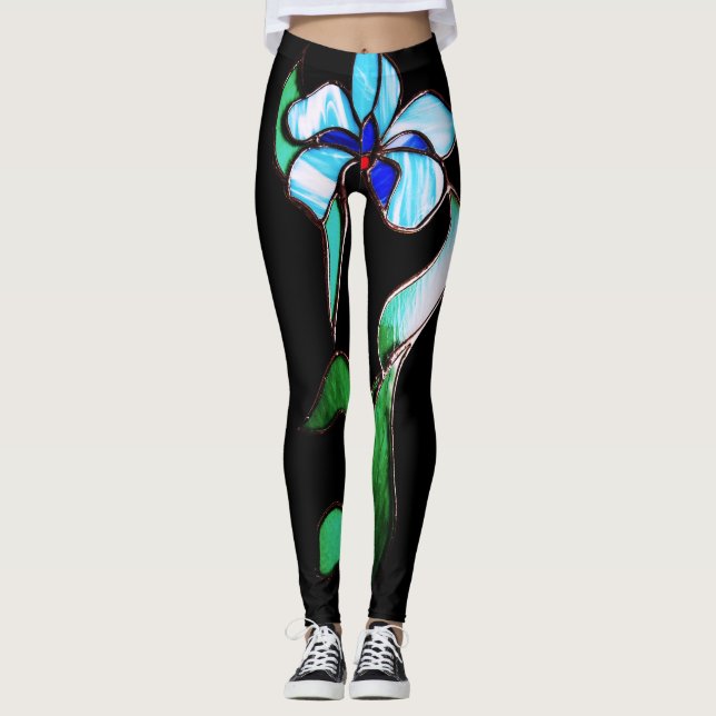 Leggings Fleurs de néon bleu vert sur noir (Devant)