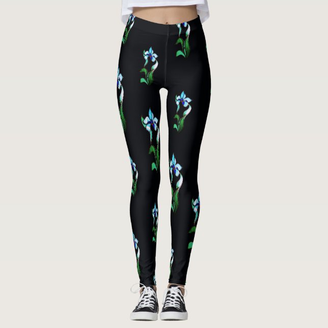 Leggings Fleurs de néon bleu vert sur noir (Devant)