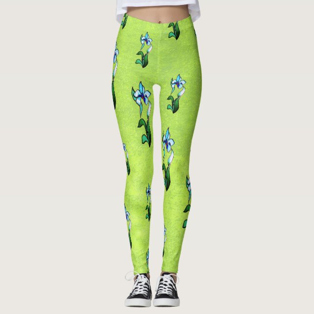 Leggings Fleurs de néon bleu vert sur vert abstrait (Devant)