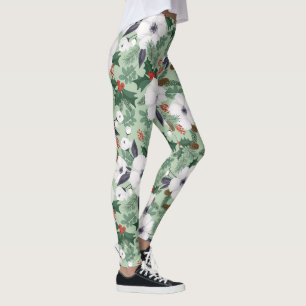 Leggings Fleurs de Noël blanches et motif de baies rouges