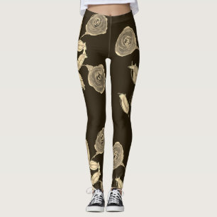 Leggings Fleurs De Pavot En Taupe Sur Chocolat