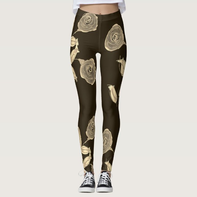 Leggings Fleurs De Pavot En Taupe Sur Chocolat (Devant)