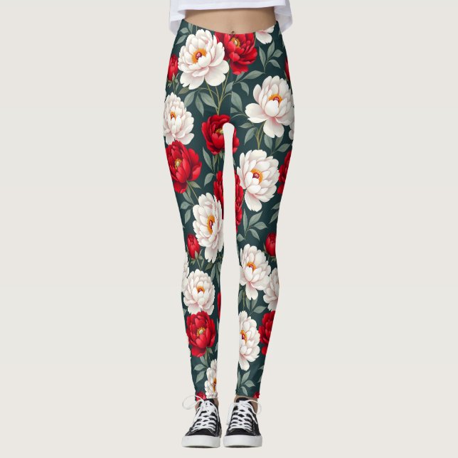 Leggings Fleurs de pivoine rouges et blanches  (Devant)