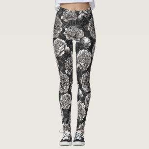 Leggings Fleurs de pivoines blanches sur gris foncé