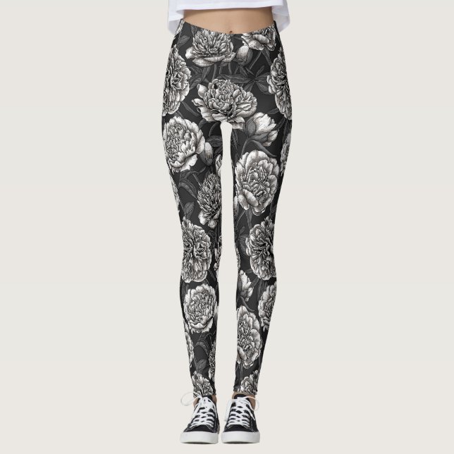 Leggings Fleurs de pivoines blanches sur gris foncé (Devant)
