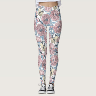 Leggings Fleurs de pivoines et oiseaux