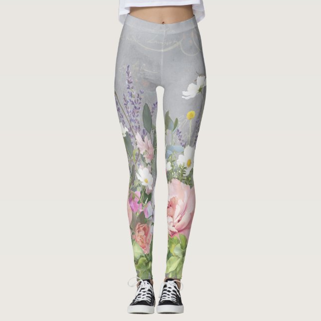 Leggings Fleurs de pivoines roses de couleur florale peinte (Devant)