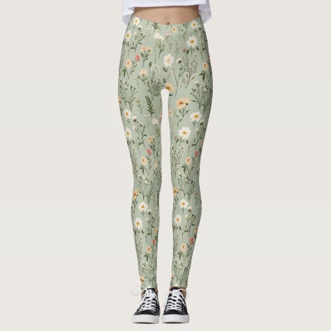 Leggings Fleurs de prairie sur vert (Devant)