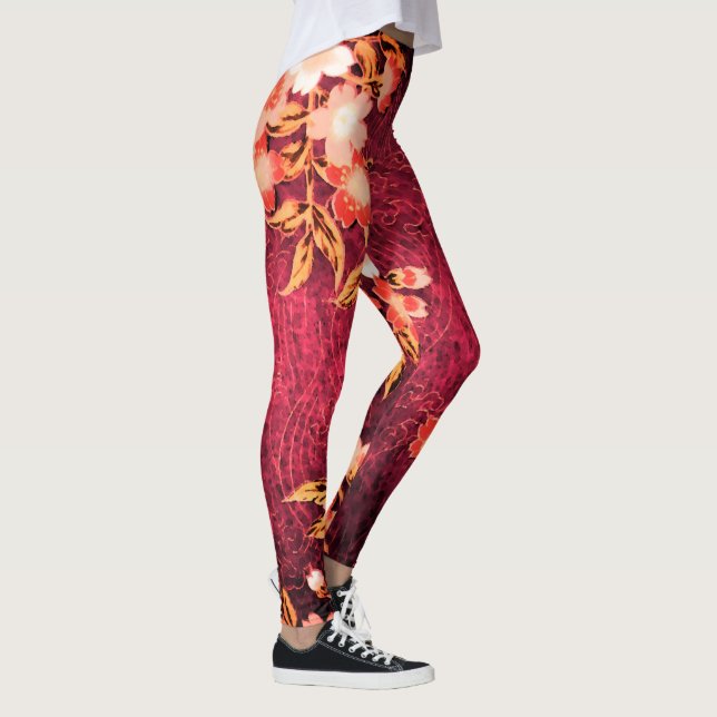 LEGGINGS FLEURS DE PRINTEMPS ROSE BLANC ANTIQUE FLORALE ROU (Droite)