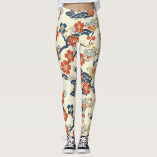 Leggings Fleurs de prunier japonais Ume Bleu marine Crème