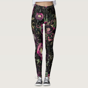 Leggings Fleurs de prunier sombre et moderne à paillettes