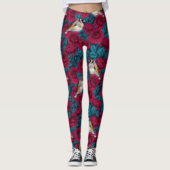 Leggings Fleurs de roses rouges et oiseaux d'or (Devant)