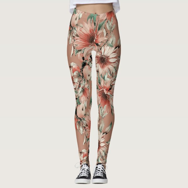 Leggings Fleurs de soleil, pommes : motif d'aquarelle d'aut (Devant)