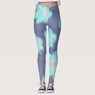 Leggings Fleurs de teintes sarcelle et cyan en aquarelle su