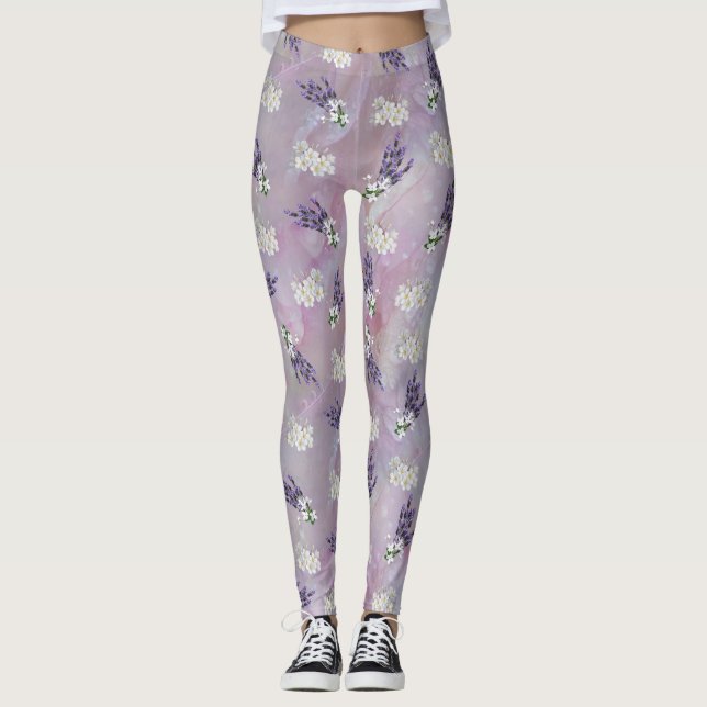 Leggings Fleurs de Tuberose et de Lavande sur pétales Roses (Devant)