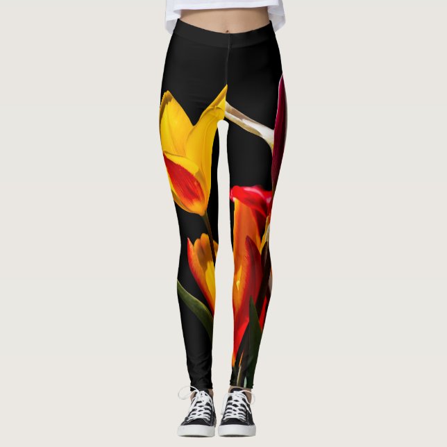 Leggings Fleurs de Tulipe arrière - plan noir (Devant)