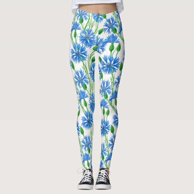 Leggings Fleurs d'eau bleu, fleurs sauvages sur blanc (Devant)