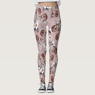 Leggings Fleurs dessinées à la main, motif d'aquarelle rose