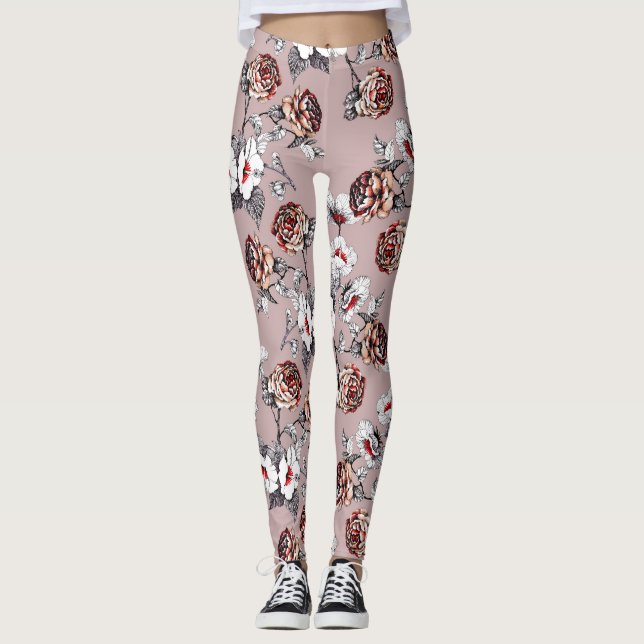 Leggings Fleurs dessinées à la main, motif d'aquarelle rose (Devant)
