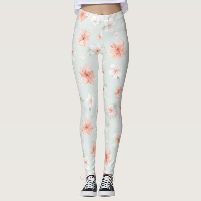 Leggings Fleurs d'Hibiscus Blanc Tropical Peach (Devant)