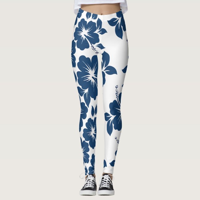 Leggings Fleurs d'Hibiscus bleu hawaïen (Devant)
