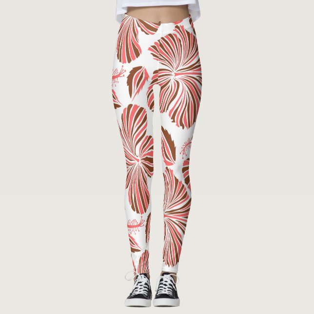 Leggings Fleurs d'hibiscus hawaïens : style tropical brun. (Devant)