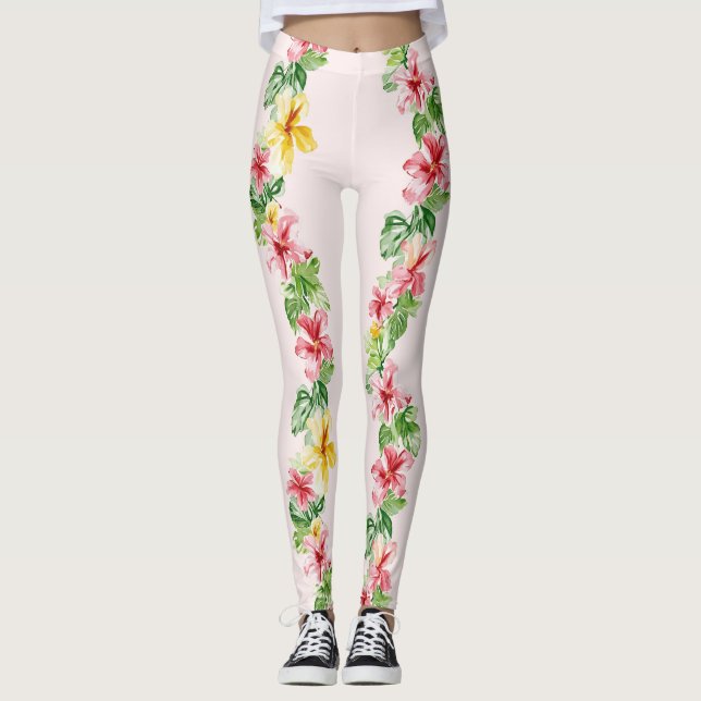 Leggings Fleurs d'Hibiscus Rose Jaune Tropical (Devant)