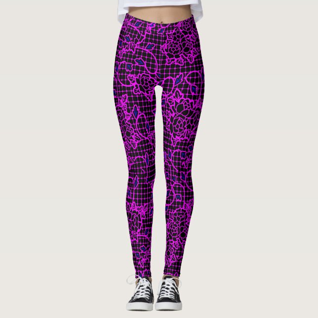 Leggings Fleurs d'indigo lumineuses sur Net.01.b Black BG (Devant)