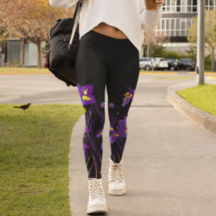 Leggings Fleurs d'iris abstraites sur fond noir coloré