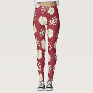 Leggings Fleurs d'oeillet blanches sur motif rouge