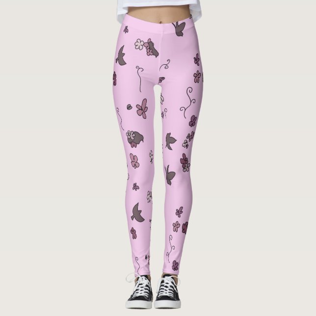 Leggings Fleurs d'oiseaux Brown rose (Devant)