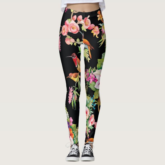 Leggings Fleurs d'oiseaux sauvages : Noir Vintage (Devant)