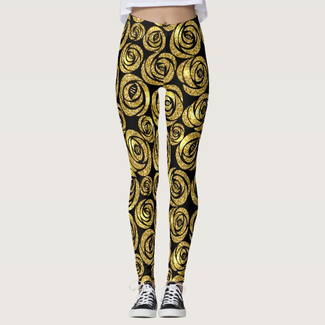 Leggings Fleurs d'or sur Arrière - plan noir (Devant)