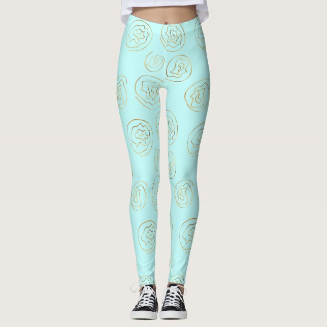 Leggings Fleurs d'or sur Pantalon de Pâques Turquoise (Devant)