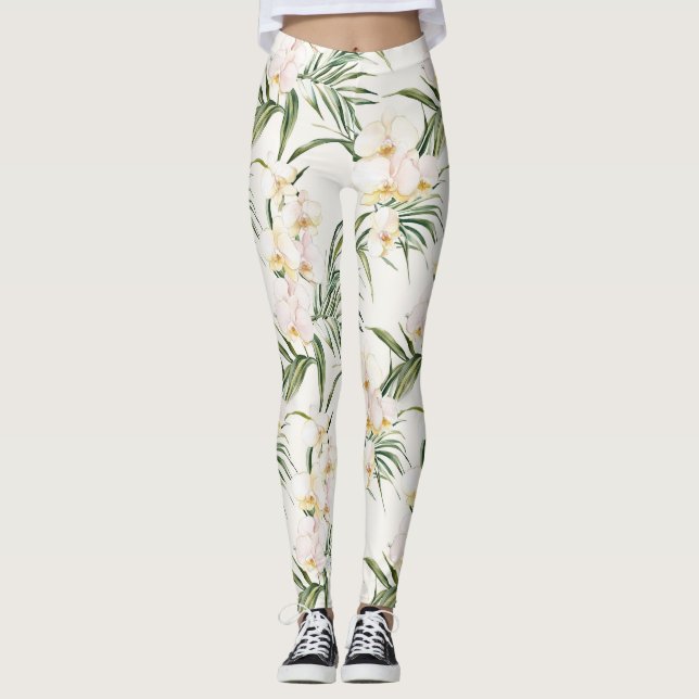 Leggings Fleurs d'orchidées blanches tropicales (Devant)