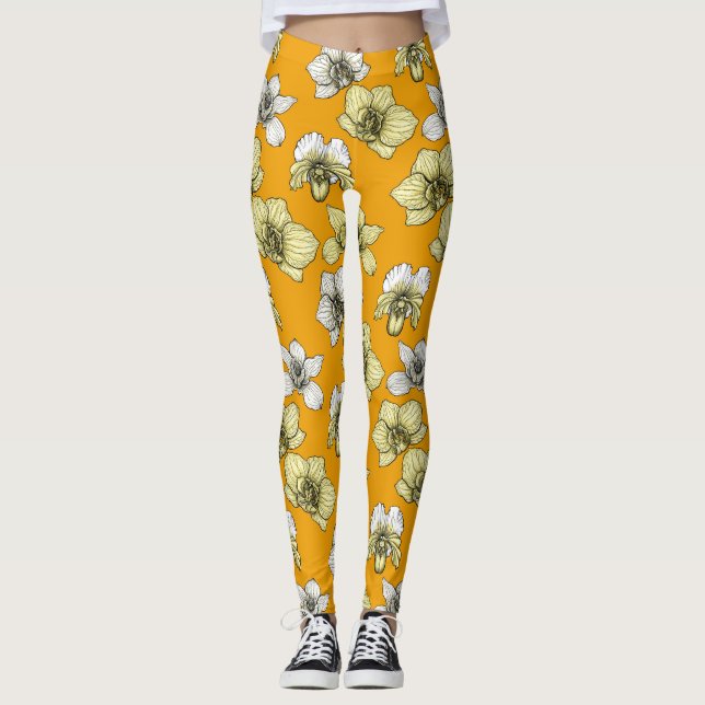 Leggings Fleurs d'orchidées jaune et blanc (Devant)