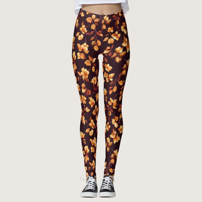 Leggings Fleurs Dorées Motif Automnal (Devant)