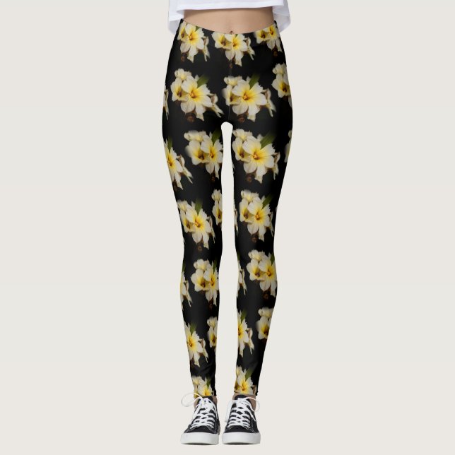 Leggings Fleurs élégantes en satin sur noir (Devant)