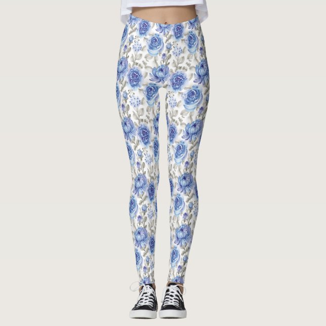 Leggings Fleurs élégantes motif botanique bleu et gris (Devant)