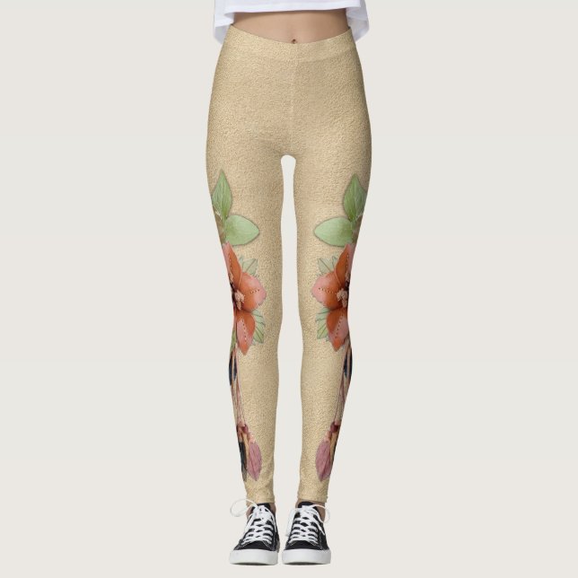 Leggings Fleurs en cuir sur Suede crème Beurre (Devant)