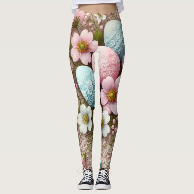 Leggings Fleurs en dentelle pastel œufs de Pâques roses et  (Devant)
