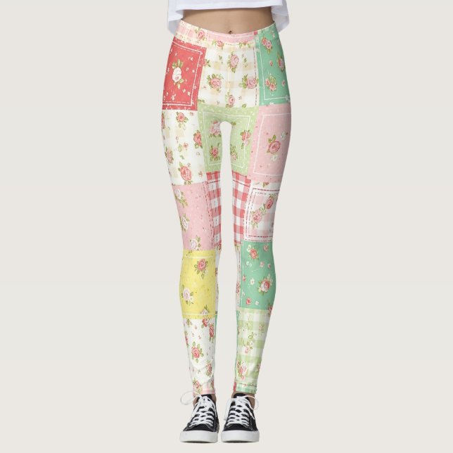 Leggings Fleurs en patchwork gingham pastel doux (Devant)