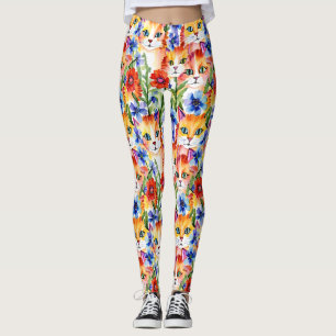 Leggings Fleurs et chats d'aquarelle d'art populaire