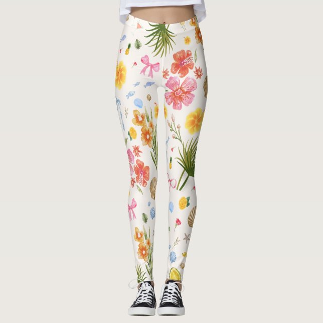 Leggings Fleurs et coquillages côtiers tropicaux tirés à la (Devant)