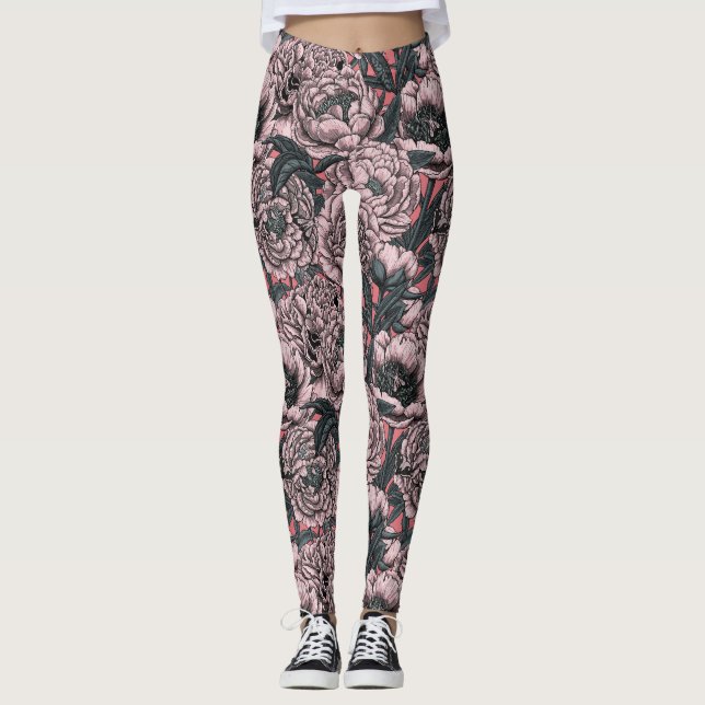 Leggings Fleurs et moisissures de pivoines roses (Devant)