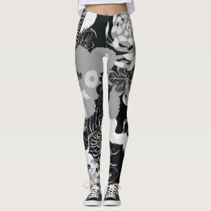 Leggings Fleurs et oiseaux noirs, blancs et gris vintages