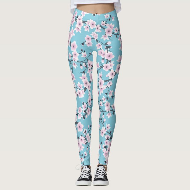 Leggings Fleurs florales de cerisier bleu rose (Devant)