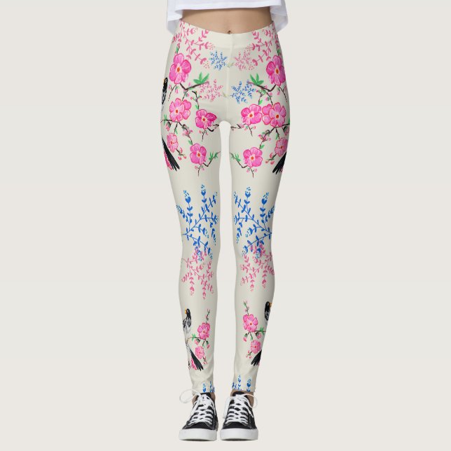 Leggings Fleurs florales de perles élégantes Oiseaux nature (Devant)