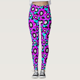 Leggings Fleurs florales en néon Motif violet et turquoise