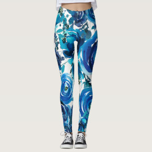 Leggings Fleurs Florales Indigo Bleu Élégant Shabby Chic